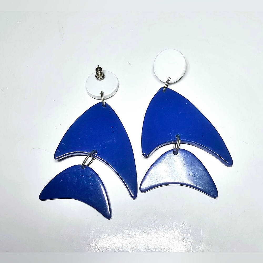 Modern abstract blue and white fish shade post dangle earrings, Nautical, aqua - Picture 2 of 6